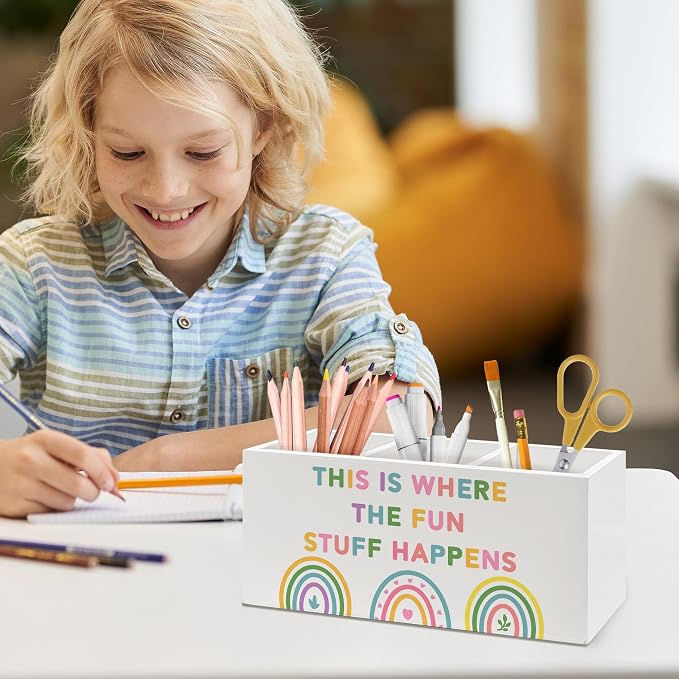 Boho Rainbow Classroom Pen Holder, Kids Pen Pencil Holder Organizer for Desk Accessories, Pastel Playroom Wooden Box Desk Decor for Kids Nursery Room Bedroom Classroom Desk Decorations
