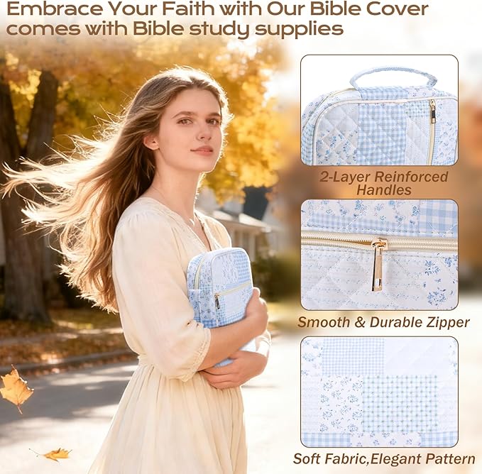 XKDOUS Bible Cover Case for Women Large Bible Bags with Durable Handle Quilted Carrying Case Church Book Holder Bible Study Supplies Accessories for Christian Gifts