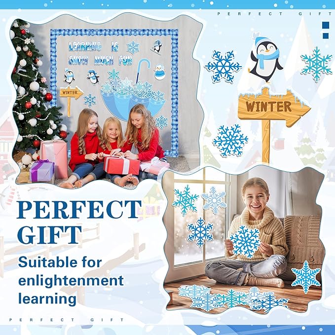 TaoBary 83 Pcs Winter Snowflake Bulletin Board Set Snowflake Penguin Snowman Umbrella Cutouts Learning is Snow Much Fun Bulletin Board Decorations for School Home Chalkboard Wall Decor