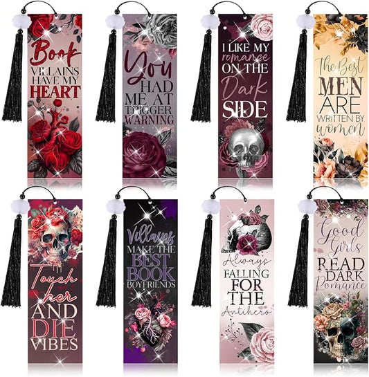 8 Pieces Dark Romance Diamond Art Bookmarks 5d Beaded Bookmark Acrylic Tassel Bookmark for DIY Making Beginners Adults Arts Craft Supplies (Dark Romance)