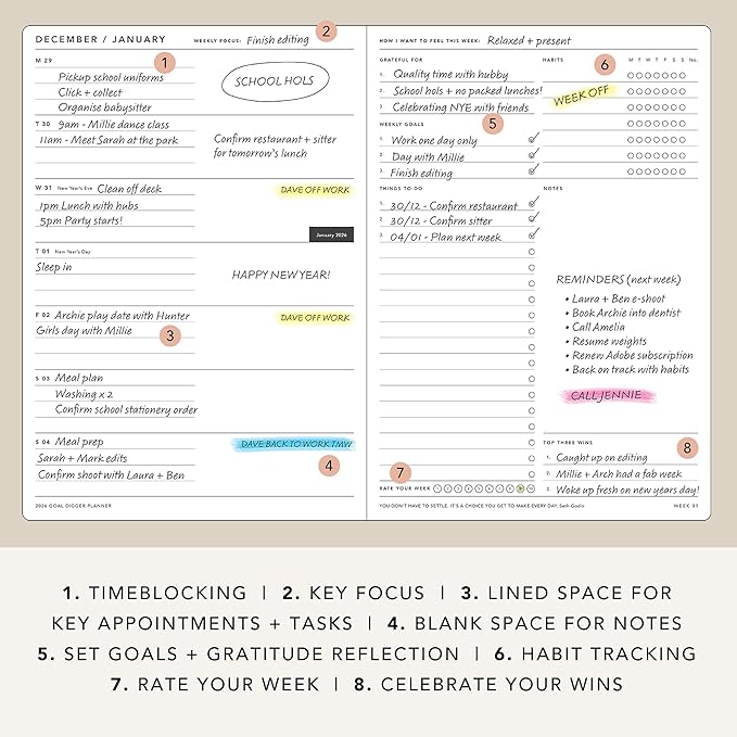 MI GOALS Goal Digger Weekly Planner 2026 | Dated Journal for Gratitude, Progress & Habit Tracking | Weekly Spread Layout, B5 (Element Blue)