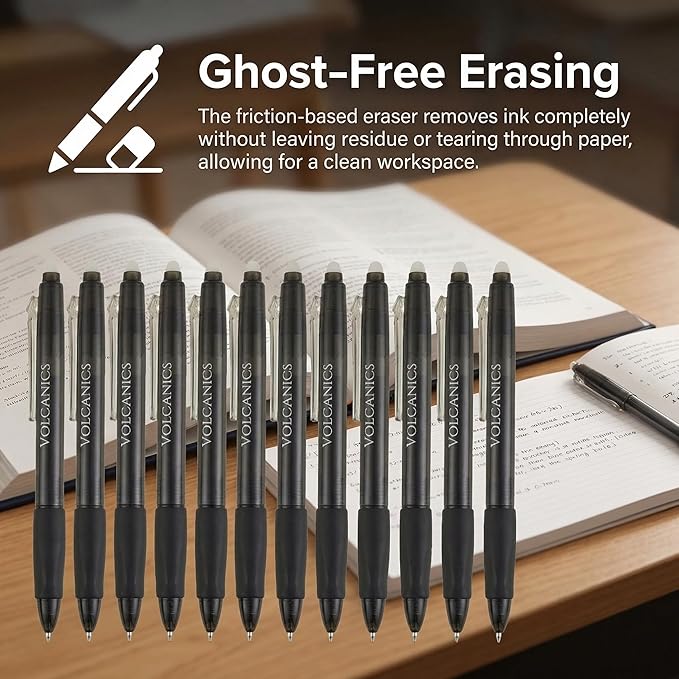 Volcanics Retractable Clicker Erasable Gel Pens - 0.7mm Ball Point, Heat Erase with Built-in Eraser, 36 Pack,Soft Black