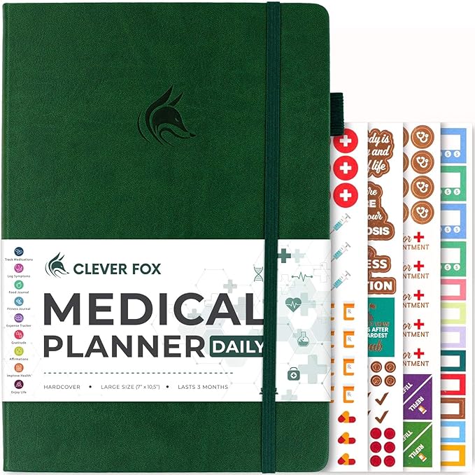 Clever Fox Medical Planner Daily – Health Diary Notebook, Wellness Journal & Self-Care Logbook, Lasts 3 Months, 7x10.5″ (Forest Green)