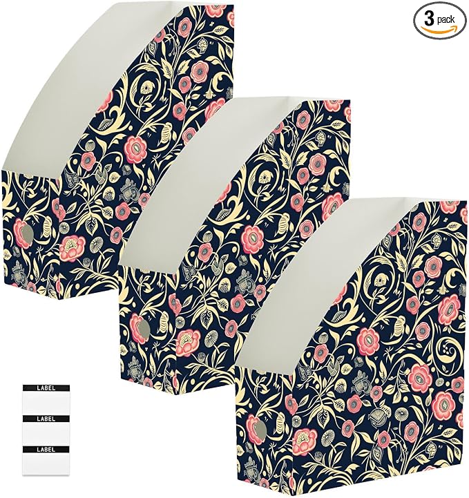 Foldable magazine folders for documents 9x12 inches, desk file organizer 3 Pack storage file boxes for Home School Office, William Morris Style Floral Dark Blue Peach