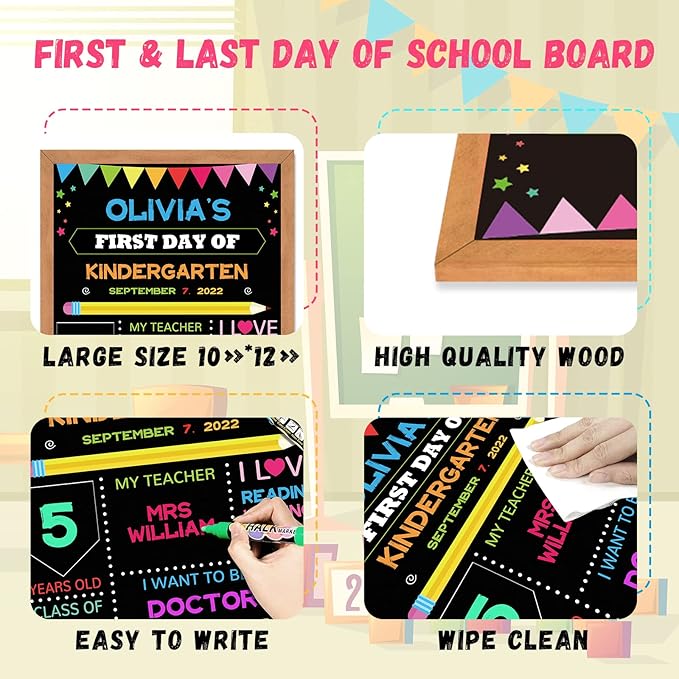 First & Last Day of School Board, 11x14 Inch Double Sided Back to School Sign for Kids Girls Boys, My 1st Day of Chalkboard Sign Photo Prop, Wooden 1st Day Boards of Preschool Kindergarten