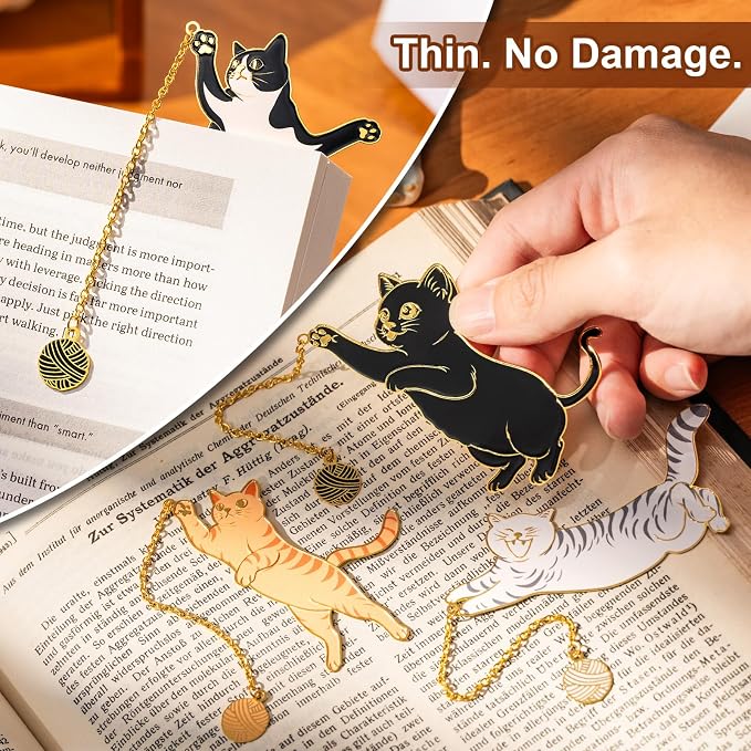 4 Pcs Cat Bookmark Set for Women, Cute Metal Bookmarks with Gold Chain and Round Charm, Book Marks for Reading Women, Book Marker, Bookmarks for Book Lovers