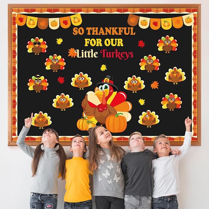 Thanksgiving Fall Bulletin Board Decorations – DIY Turkey Photo Crafts with Pumpkin “So Thankful for Our” Paper Cutouts Set for School, Classroom, Autumn Wall Door