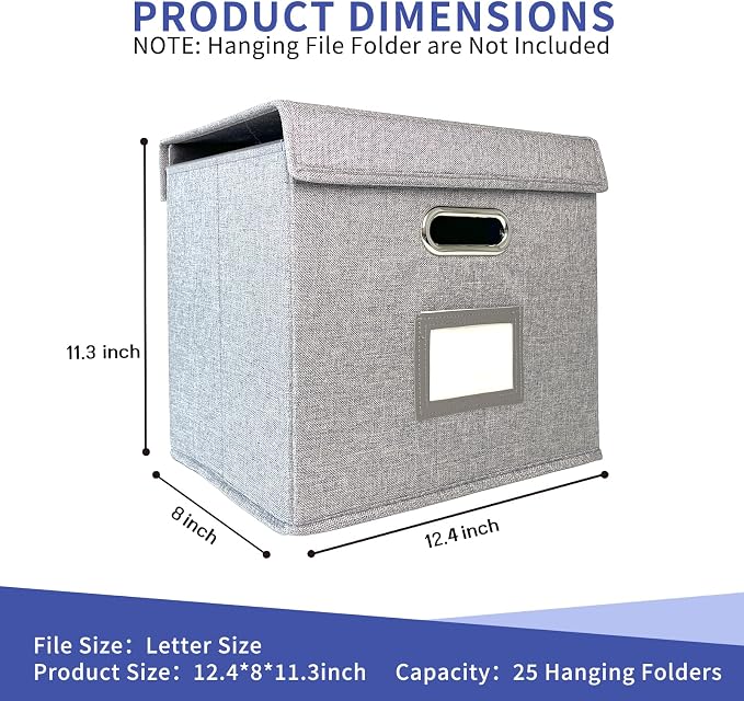 2 Pack Hanging File Folder Box with Lid, Durable Letter Size Filing Storage Box, Sturdy File Holder with Cardboard Support PVC Rails for Office Home Organizer, Gray