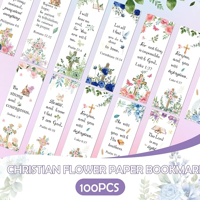 100 Pcs Christian Bookmarks, Religious Flower Cross Paper Bookmark Bulk for Women Women, Inspirational Bible Verse Book Mark Gift for Reading Lovers Church Accessories