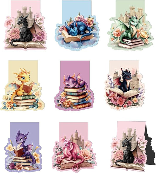 8 Pcs Cute Dragon Flower Magnetic Bookmark, Fantastic Floral Dragon Book Marks, Cool Adorable Animal Page Magnet Book Markers for Book Lovers School Student Teacher Reading Supplies Gift