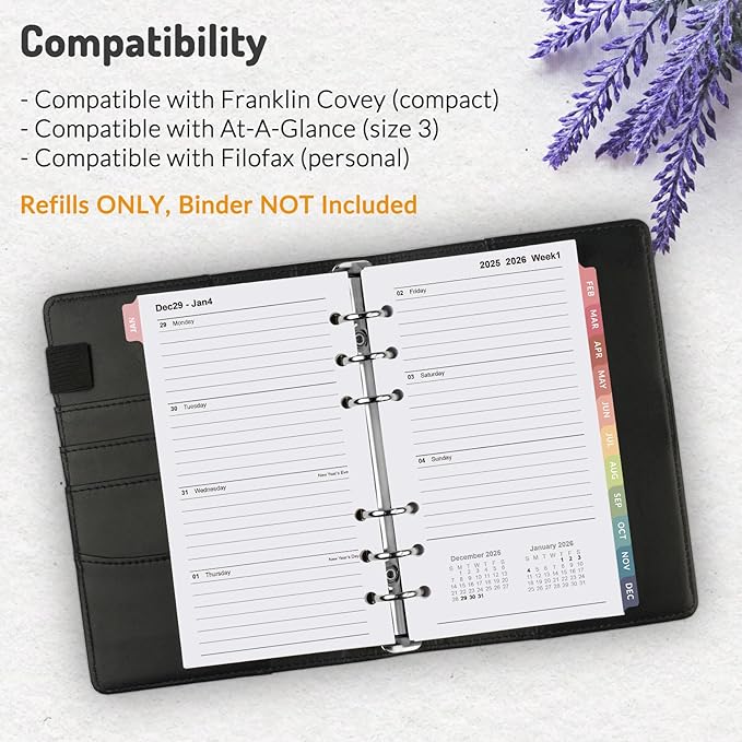 2026 Weekly & Monthly Planner Refills for A6 6-Ring Binders, Jan 2026 - Dec 2026, Forvencer 6-Hole Punched Planner Inserts with Colorful Monthly Tabs, Pocket Calendar Organizers, 3-3/4" x 6-3/4"
