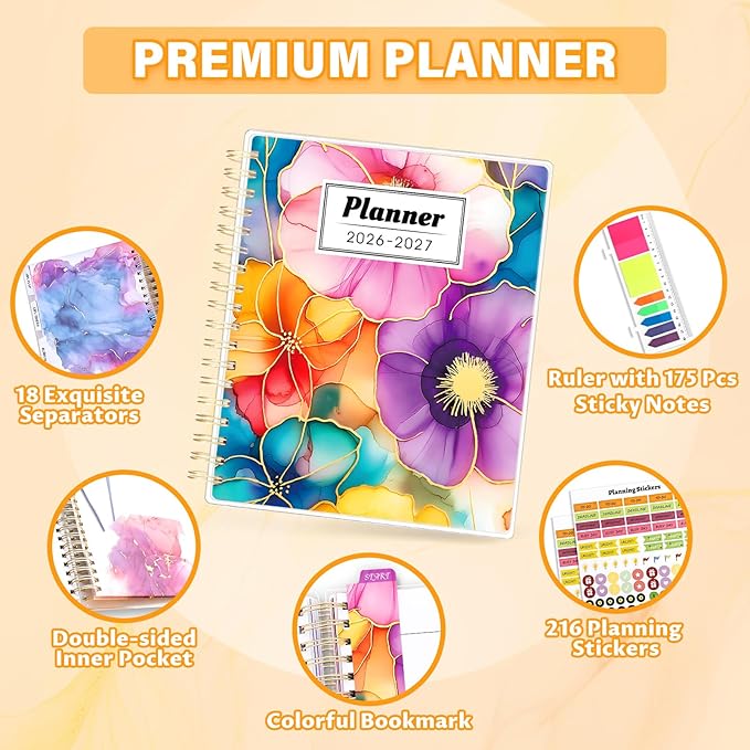 Planner 2026-2027, Large 18 Months Academic Daily Weekly Monthly Planner Yearly Agenda Jan. 2026–June. 2027, 7.9" x 9.8", Page Tabs, Separator Page, Pocket Folder, Bookmark, Stickers, Sticky Note Set