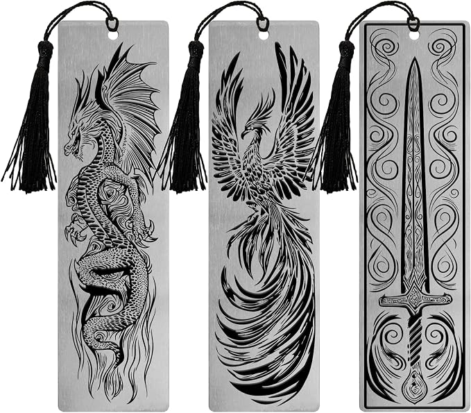 Stainless Steel Bookmarks – Set of 3 Featuring Dragon, Phoenix and Sword, 150x40mm, Laser-Engraved, Durable Metal, Perfect for Book Lovers & Unique Gift Ideas. Fantasy Series