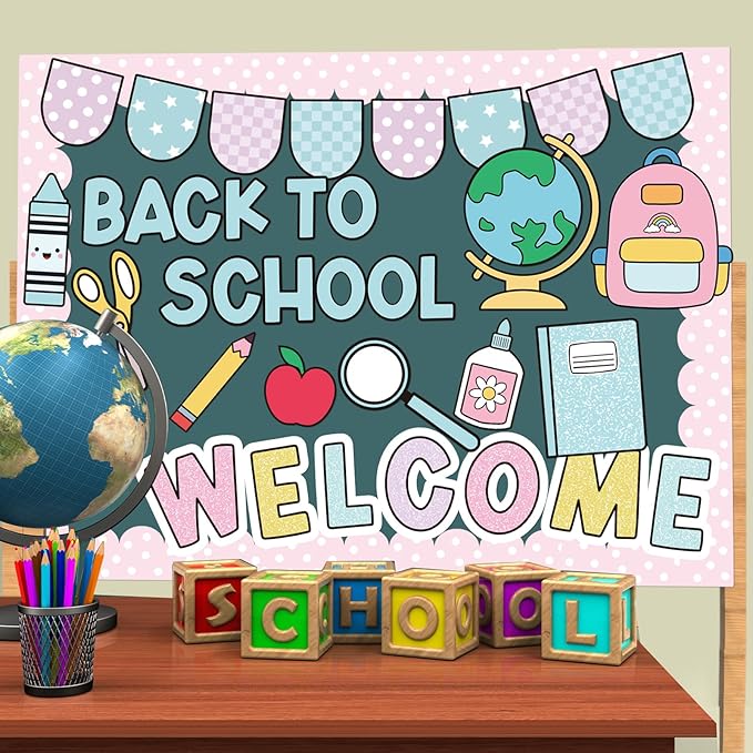 Kinlop First Day of School Bulletin Board Welcome Back to School Classroom Bulletin Board Set Pastel Pencil Notebook Schoolbag Paper Cutouts for Chalkboard Wall Decor for Teacher Preschool Elementary