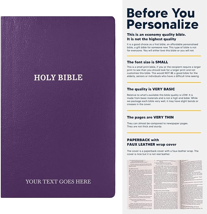 Personalized KJV Bible Faux Leather Holy Bible Small Print Economy Bible with Custom Name at The Lower Right Side, Highlighted Verses, Custom Gift for Christian Celebrations (Purple)