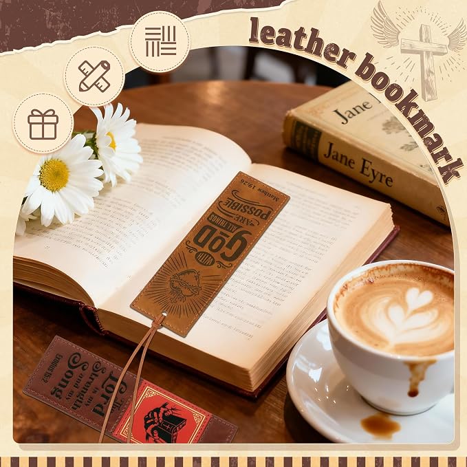 8PCS Leather Bookmark Bible Bookmarks for Reading Women Men Teacher Book Lovers Gifts, Stitched Religious Christian Bookmark Page Markers Inspirational Bible Verse Scripture Book Marks (Vintage)