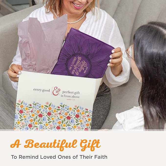 Christian Art Gifts Women's Fashion Bible Cover Strength and Dignity Proverbs 31:25, Purple/Gold Sunflower Faux Leather, Medium
