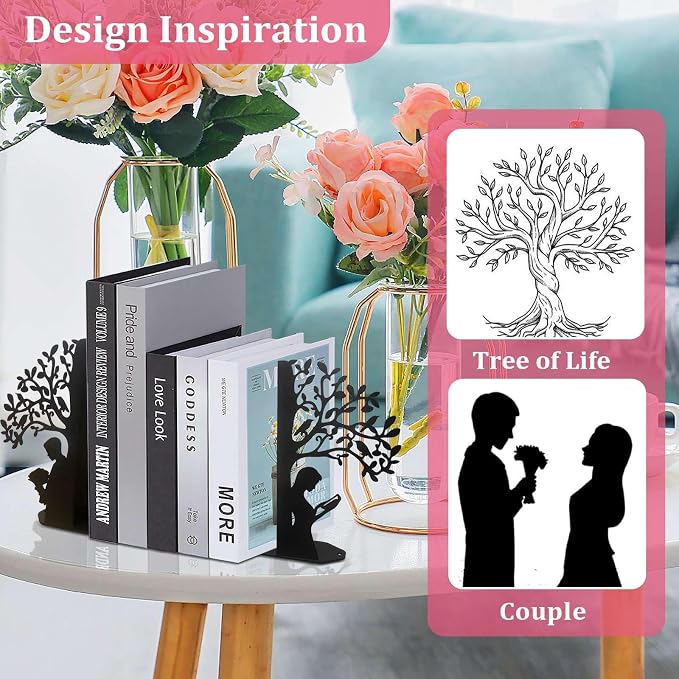 Tree of Life Bookends Decorative Couple Book Ends for Shelves, Black Metal Bookends for Heavy Books, Book Organizer for Desk Bookshelf Home Office Book Stopper Valentines Day Gifts