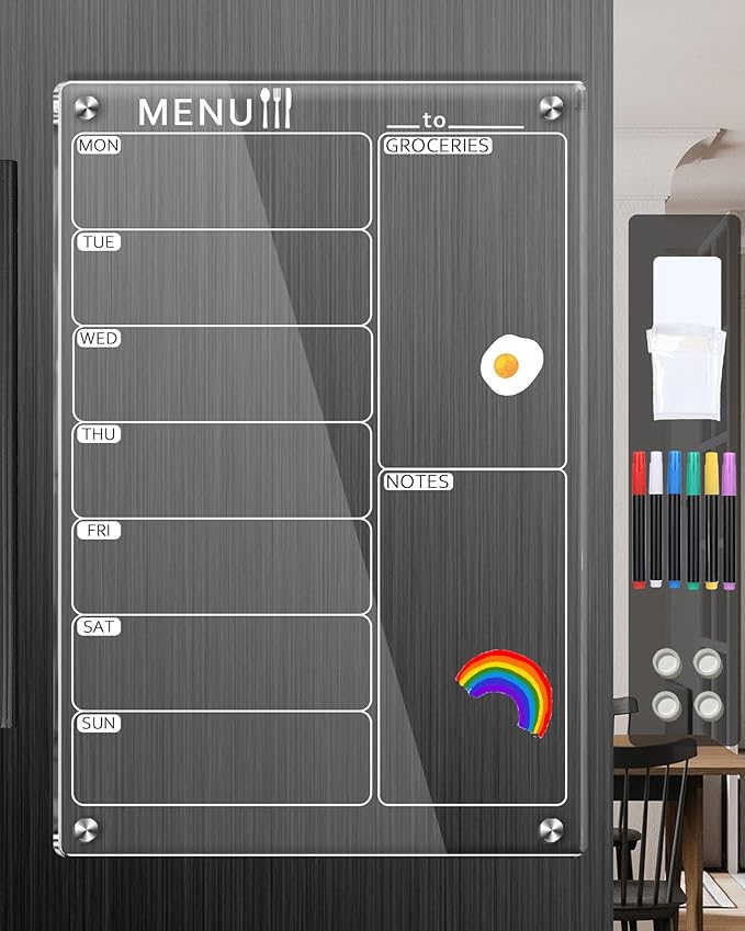 Magnetic Menu Board for Kitchen, Clear Acrylic Weekly Meal Planner Magnetic Calendar for Refrigerator Fridge Dry Erase Board Noteboard to Do Grocery Shopping List, 12x8’’