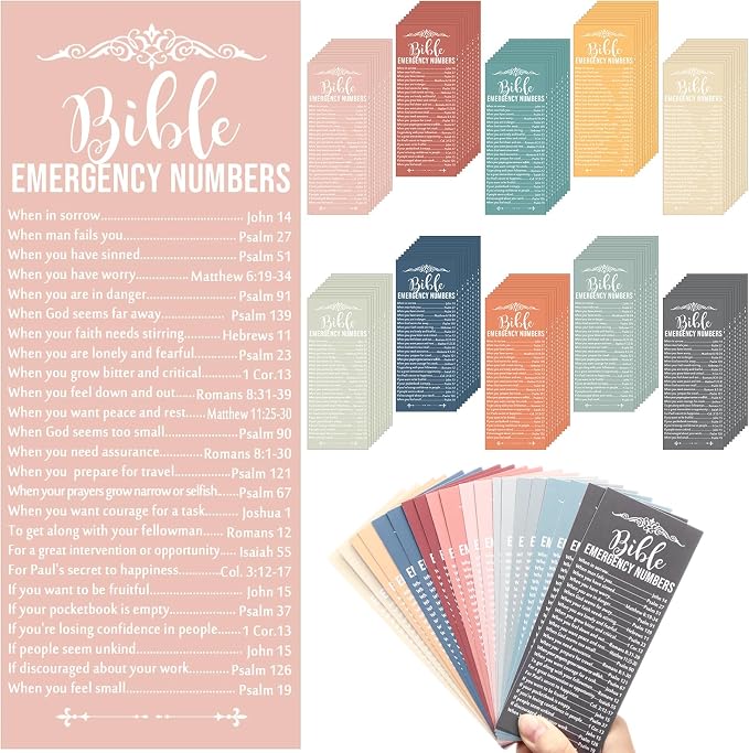 Motiskyy 100 Pcs Christian Fathers Day Bible Verse Emergency Numbers Bookmark Religious Church Gift 2.36 x 6'' Catholic Book of The Bible Card for Women Men Teacher Nurse Sunday School(Bright Morandi)