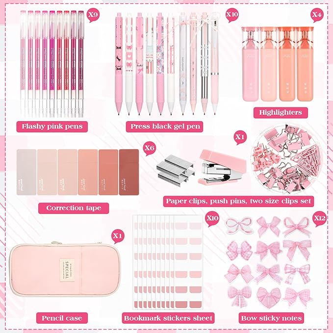 Eersida 58 Pcs Christmas Pink Bow School Supplies Coquette Aesthetic Stationery Large Pencil Pouch Ink Gel Pens Highlighters Sticky Notes Color Pens Stapler Set Christmas Gifts for Student