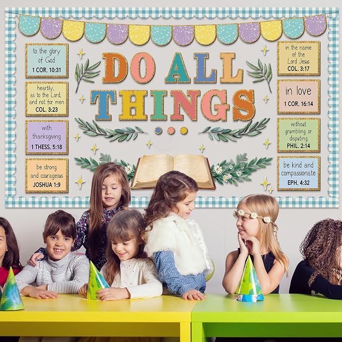 Christian Bulletin Board Set Jesus Do All Thing Classroom Decoration Religious Bible Verse Bulletin Board Church Motivational Paper Cutouts for Vacation Bible School Classroom Chalkboard Wall Decor