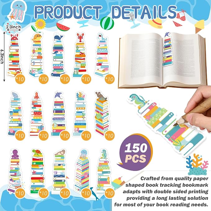 Kolldenn 150 Pcs Book Tracker Bookmarks Bulk 6.3 x 1.97 Inch Bookshelf Love to Read Bookmarks Paper Tracking Double Sided Reading Page Markers for Back to School Reading Lover(Summer Ocean)