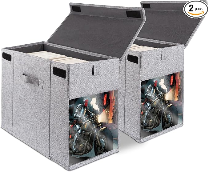 2 Pack Comic Book Storage Box with Lid for Modern Age, Collapsible Magazine Organizer with Clear Window, Heavy Duty Case Container Holder, Grey