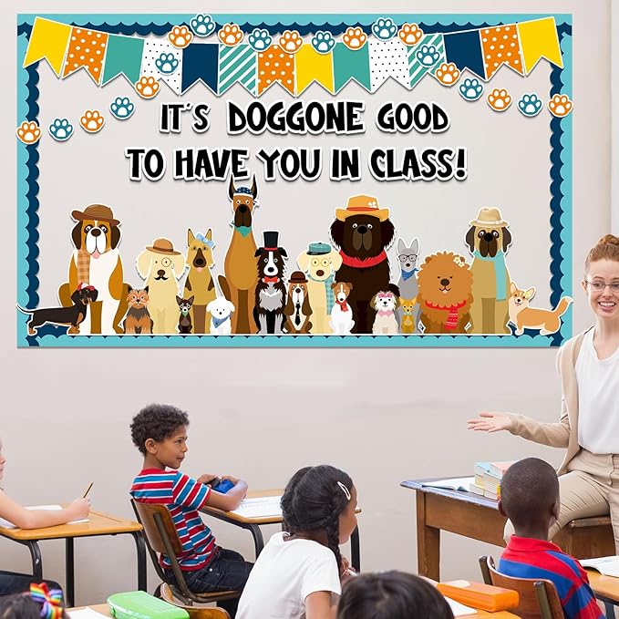 Justforjoyful 80Pcs Pet Dog Bulletin Board Classroom Decorations Set Puppy Cutouts Paw Bulletin Board Boarder Pet Dog theme Decoration Wall Decor Chalkboard Welcome Back to School Supplies