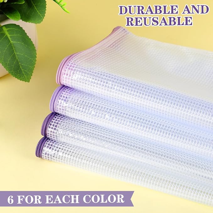 Feifeiya 24 Pack Purple Mesh Zipper Pouch Bags, A4 Size Clear Mesh Zipper Storage Bags Bulk for School Office Organization