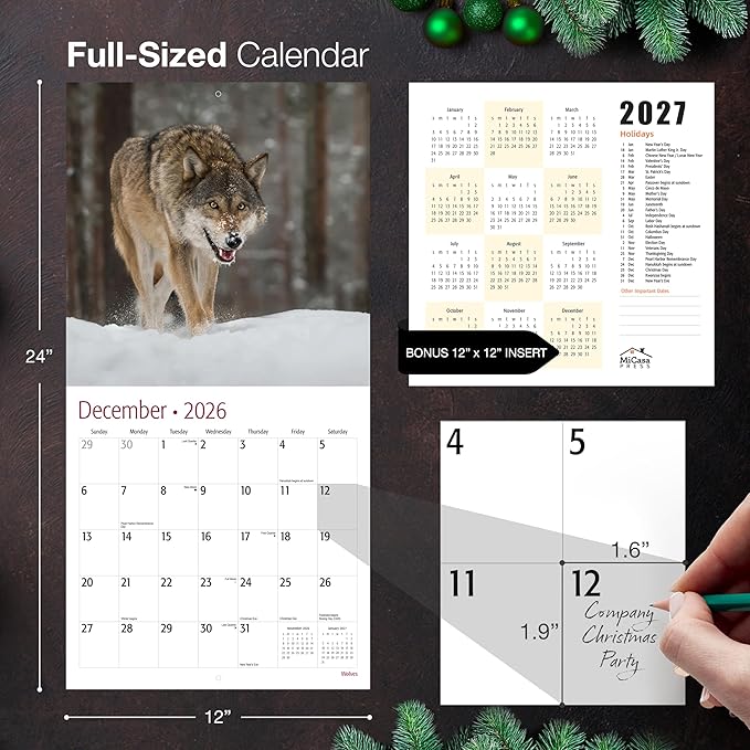 MICASA PRESS Wolves 2026 Wall Calendar 12 Month | 12” x 24” Open | Thick & Sturdy Paper | Giftable | Animal Calendar 2026