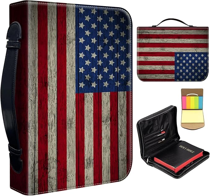 Bible Cover for Men,Large Leather Bible Case Fit Book Up to 11x8x2 Inch,Retro American Flag Bible Covers Bible Study Carrier Church Bags w/Handle & Zipper