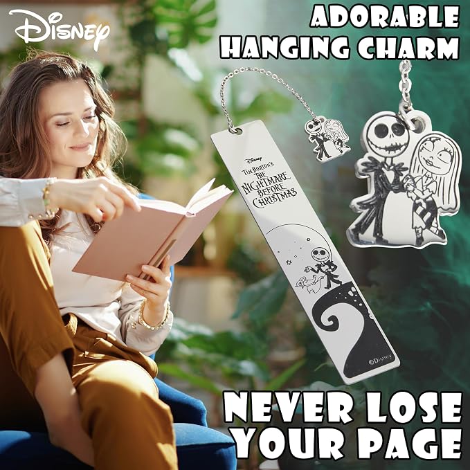 Disney Stitch Bookmark with Gift Box Metal Page Markers Hanging Charm Stainless Steel Gifts for Women Teens Kids School Uni Reading Teacher Gifts (Silver Jack Skellington)