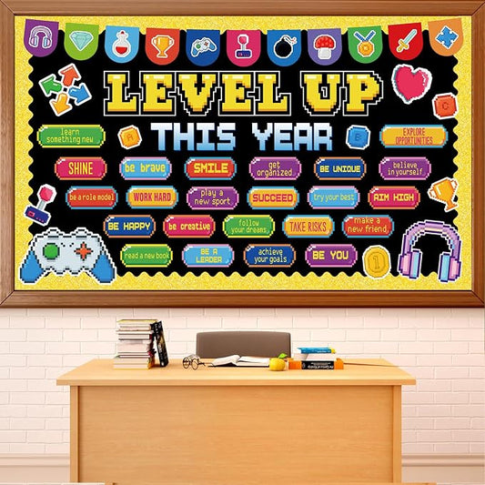 Video Game Bulletin Board Set Growth Mindset Classroom Decoration Level up This Year Bulletin Board Positive Affirmation Inspirational Game Cutouts for Back to School Chalkboard Wall Decor