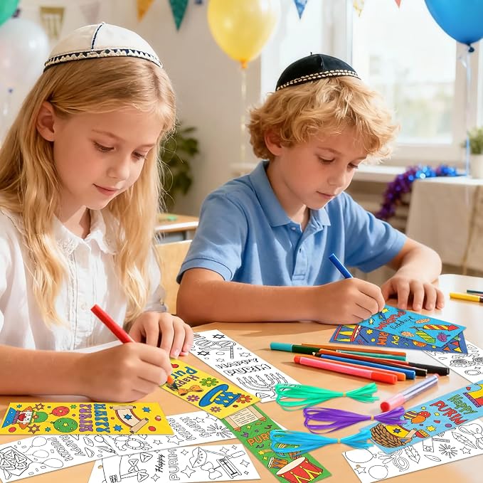 ANGOLIO Purim Color Your Own Bookmarks - 123Pcs Happy Purim Paper Bookmarks Mask Clown DIY Coloring Blank Reading Page Holder for Jewish Holiday Carnival Sunday School Classroom Party Goodie Fillers