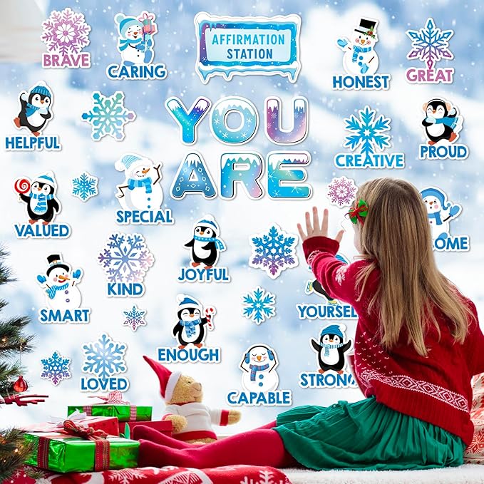 FYSUIMU 34Pcs Winter Bulletin Board Set Motivational Inspirational Christmas Paper Cutouts with 50Pcs Glue Points for Holiday Party Classroom Wall Decor