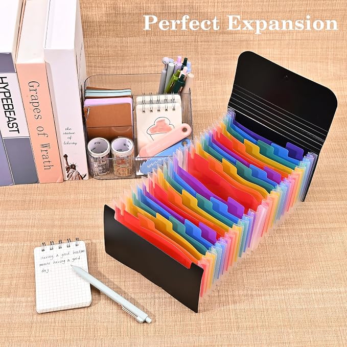Receipt Coupon Holder Organizer, 25 Pockets Small Accordian File Organizer, Expanding File Folder with Colorful Tabs, A6 Size for Cards, Check, Tickets, Monthly Bills Storage (Black)