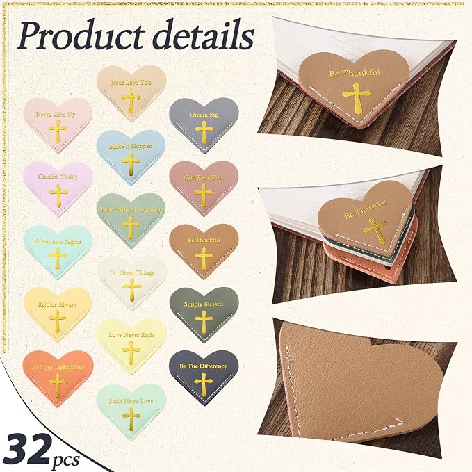 Kosiz 32 Pcs Bible Verse Leather Heart Bookmark Page Corner Book Marks Cute Leather Bookmark Clips for Women Reading Accessories for Home Office School Bookworm, 16 Colors