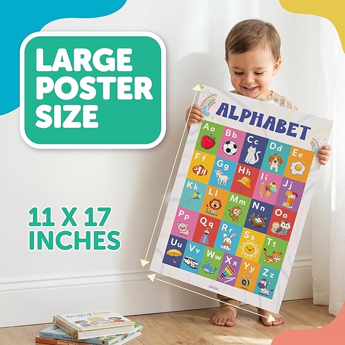 EXCOOL CLUB 16 Colorful Educational Posters For Toddlers 1-3, Toddler Learning Posters For Kids Ages 3-5, Kindergarten Classroom Must Haves, Laminated Abc Number Chart Prek Classroom Decor Preschool