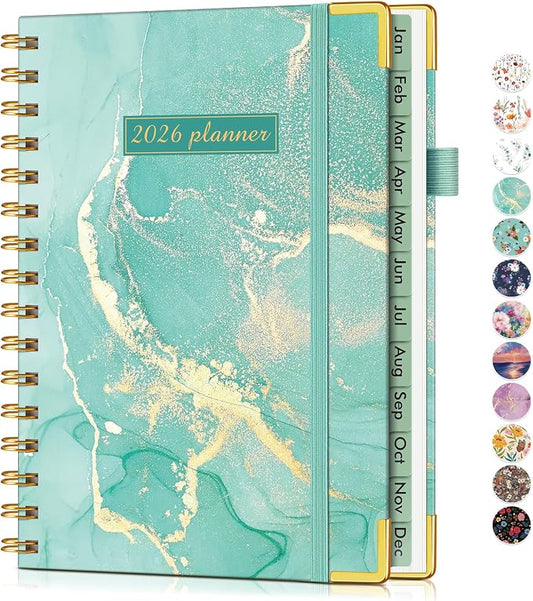 2026 Planner, Hardcover Weekly and Monthly Planner for Women, January 2026 - December 2026, Spiral Yearly Agenda Organizer Book 2026 with Tabs, Daily Calendar Planners for School Work Home, A5 (5.75" x 8.38"), Teal Marble