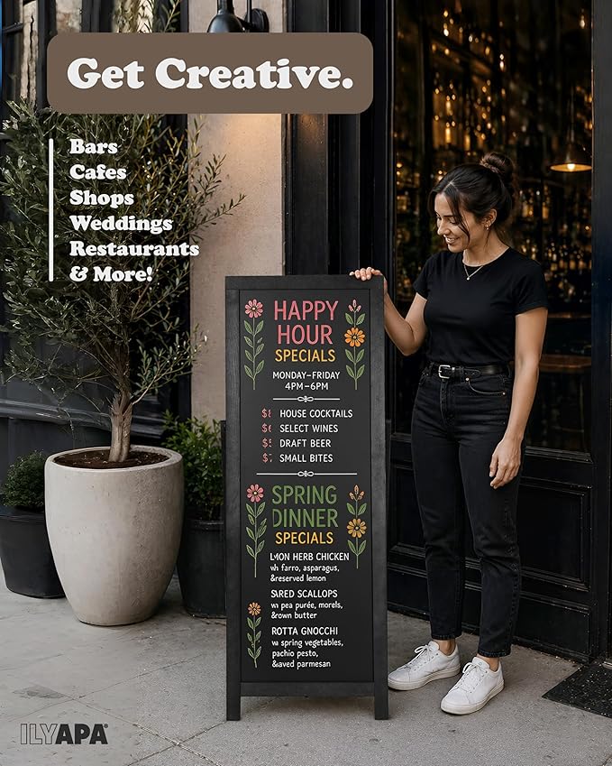 Ilyapa Chalk Board Sign Board 46" x 18" Black Large Reversible Chalkboard Signs Outdoor Menu Boards for Restaurant, A-Frame Sandwich Sidewalk Signs for Businesses, Food Truck Party or Wedding
