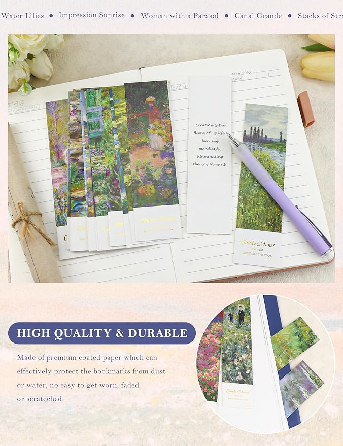 30 Pcs Paper Bookmarks, Oil Painting Bookmark Bulk for Book Lovers, Aesthetic Bookmarks Set for Women Men (Monet)