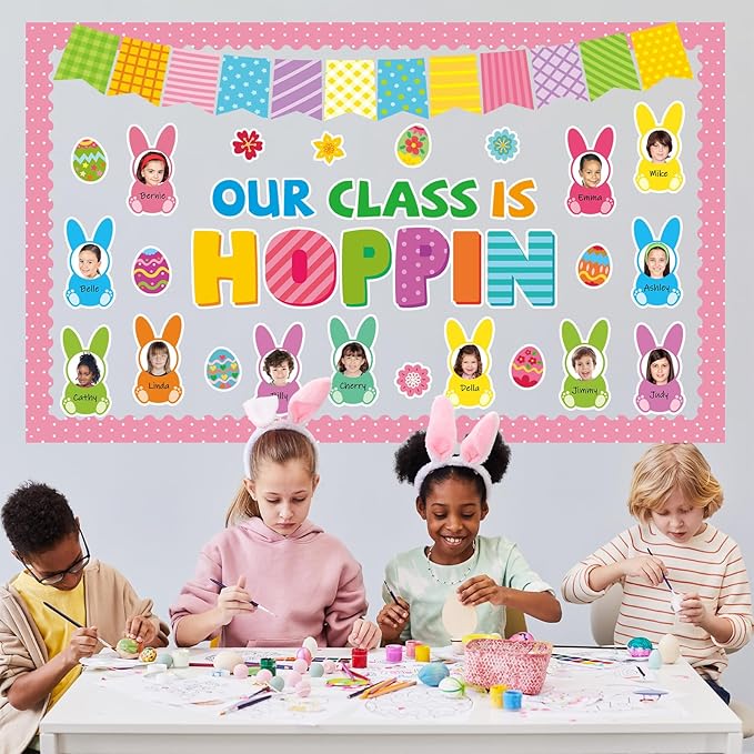 Qyeahkj 60Pcs Easter Bulletin Board Decoration Easter Egg Bunny Cutout DIY Picture Frame Crafts Our Class Is Hoppin Wall Bulletin Board Set for Easter Holiday Teacher School Office Chalkboard Supplies