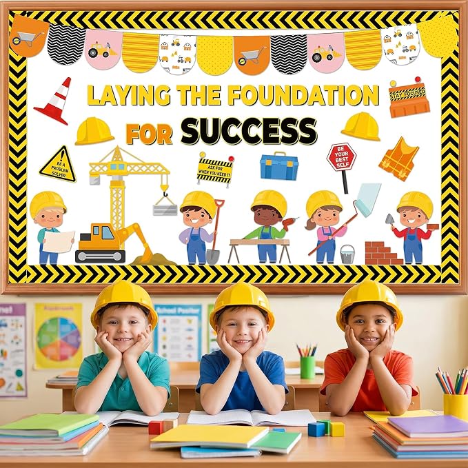 Construction Bulletin Board Set Inspirational Classroom Decoration Laying the Foundation for Success Bulletin Board DIY Name Tag Positive Paper Cutout for Back to School Classroom Home Wall Decor