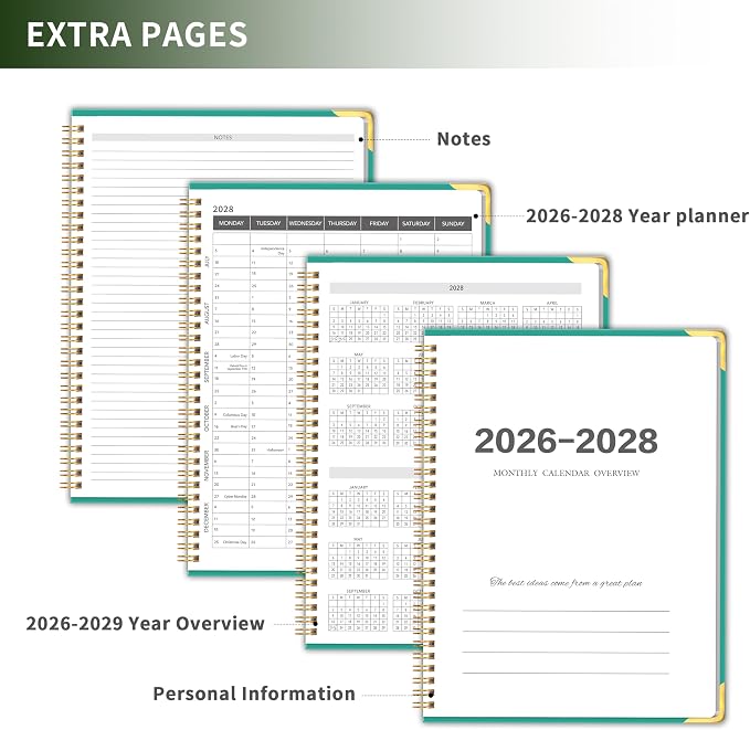 Monthly Planner 2026-2028, Hardcover 3 year calendar 2026-2027-2028 Calendar Book from Jan 2026 - Dec 2028, 9“ x 11”, Spiral Bound,Organizer for Office, School, and Home,Lake Green
