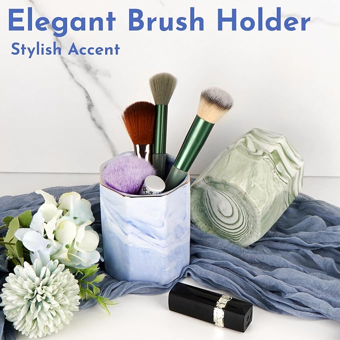 Blue Marble Makeup Brush Holder - Round Ceramic Pencil Container with Gold Rim, Elegant Versatile Organizer for Vanity, Desk, or Bathroom