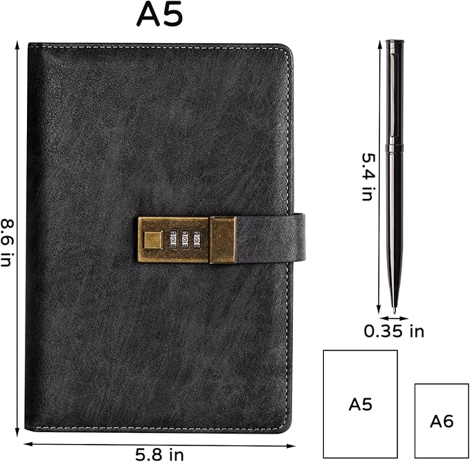 WEMATE Diary with Lock, A5 PU Leather Journal with Lock 240 Pages, Vintage Locks Journal Password Notebook with Pen, Locks Diary Planner Organizer for Men and Women, 8.6x5.8in Black
