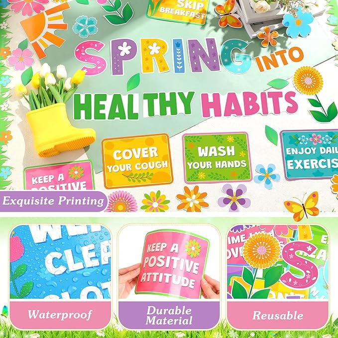 Ctosree 60 Pcs Spring Healthy Bulletin Board Decorations Set Habits Poster Colorful Flower Butterfly Plants Cutouts for Teacher Classroom School Office Chalkboard Wall Supply