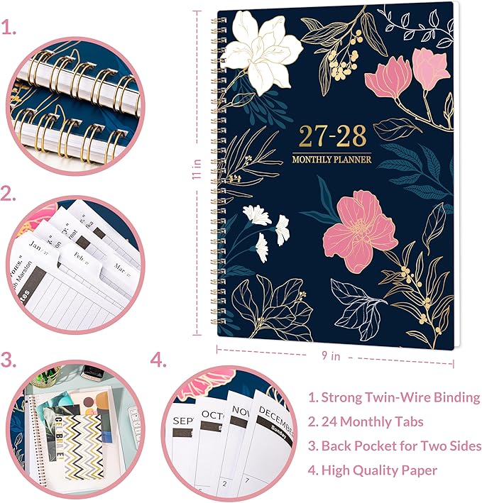 2027-2028 Monthly Planner/Calendar - Jan. 2027 - Dec. 2028, 9" x 11", Calendar Planner 2027-2028, 2 Year Monthly Planner, 24 Monthly Tabs, 2-Size Pocket