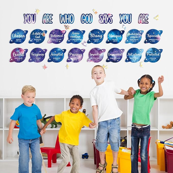 Christian Bulletin Board Decorations Inspirational Jesus Bulletin Board Sets Outer Space God Says You Are Religious Classroom Wall Decor VBS Motivational Cutouts for Sunday School Home Church Supplies